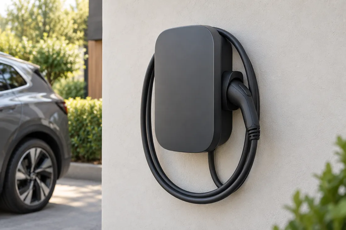 Illustrative unbranded EV wall charger with its cable neatly stored